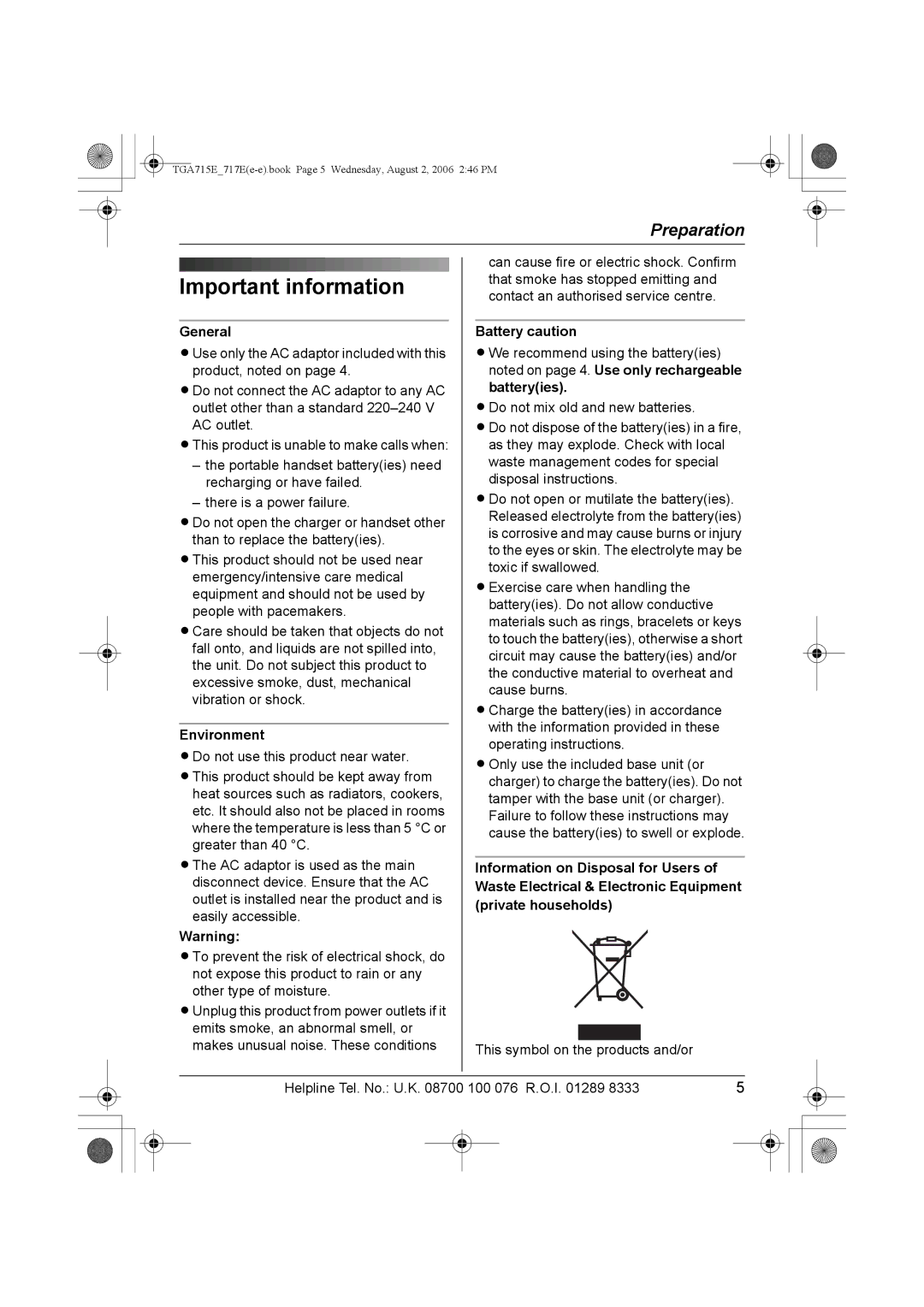 Panasonic KX-TGA715E, KX-TGA717E operating instructions Important information, General, Environment, Battery caution 