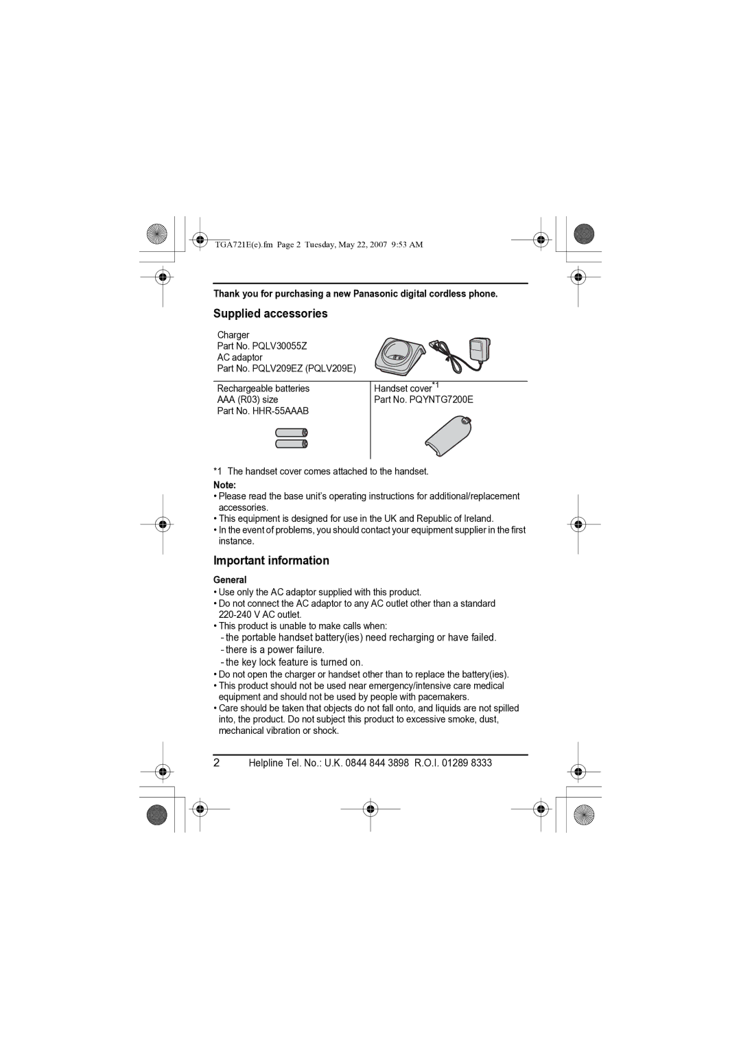 Panasonic KX-TGA721E installation manual Supplied accessories, Important information, General 