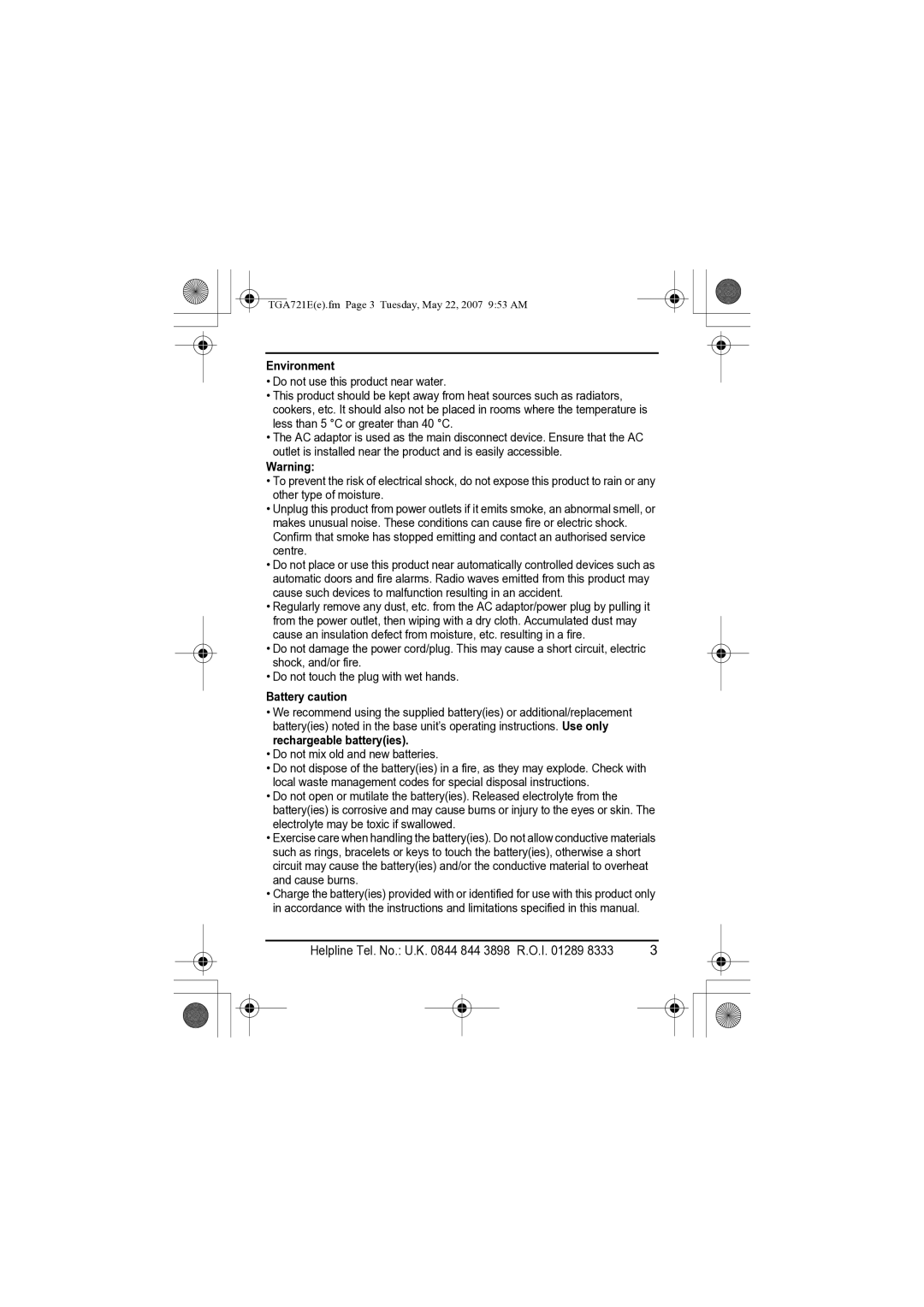 Panasonic KX-TGA721E installation manual Environment, Battery caution 