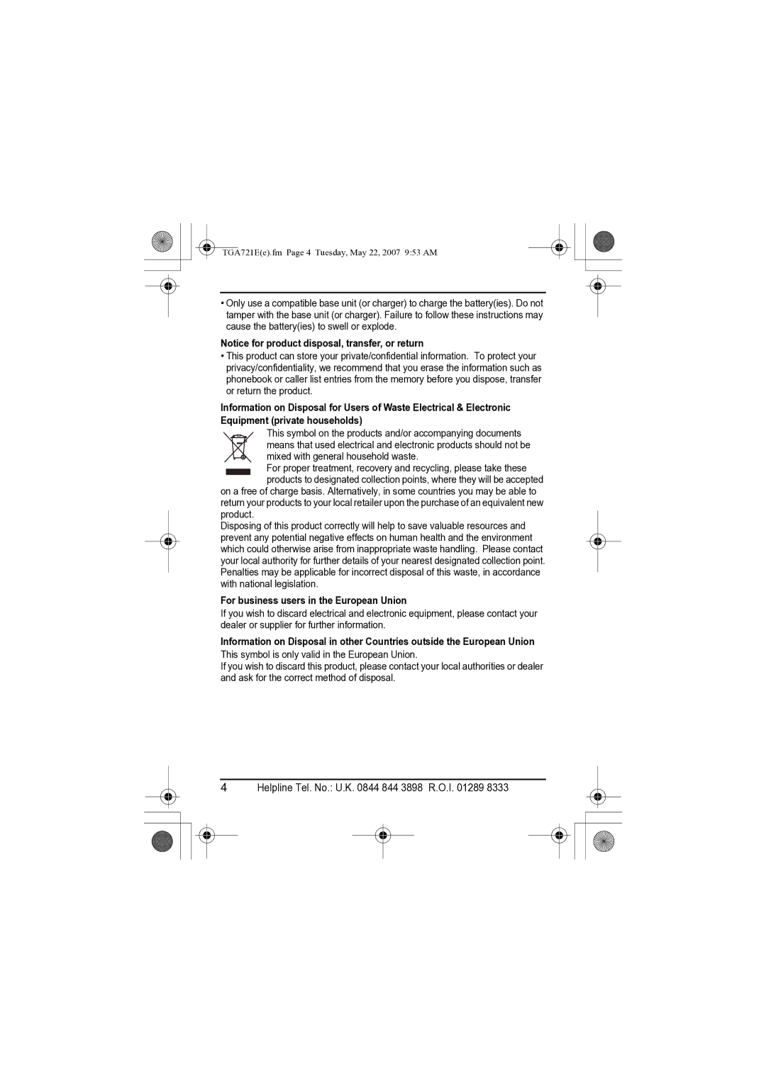 Panasonic KX-TGA721E installation manual For business users in the European Union 