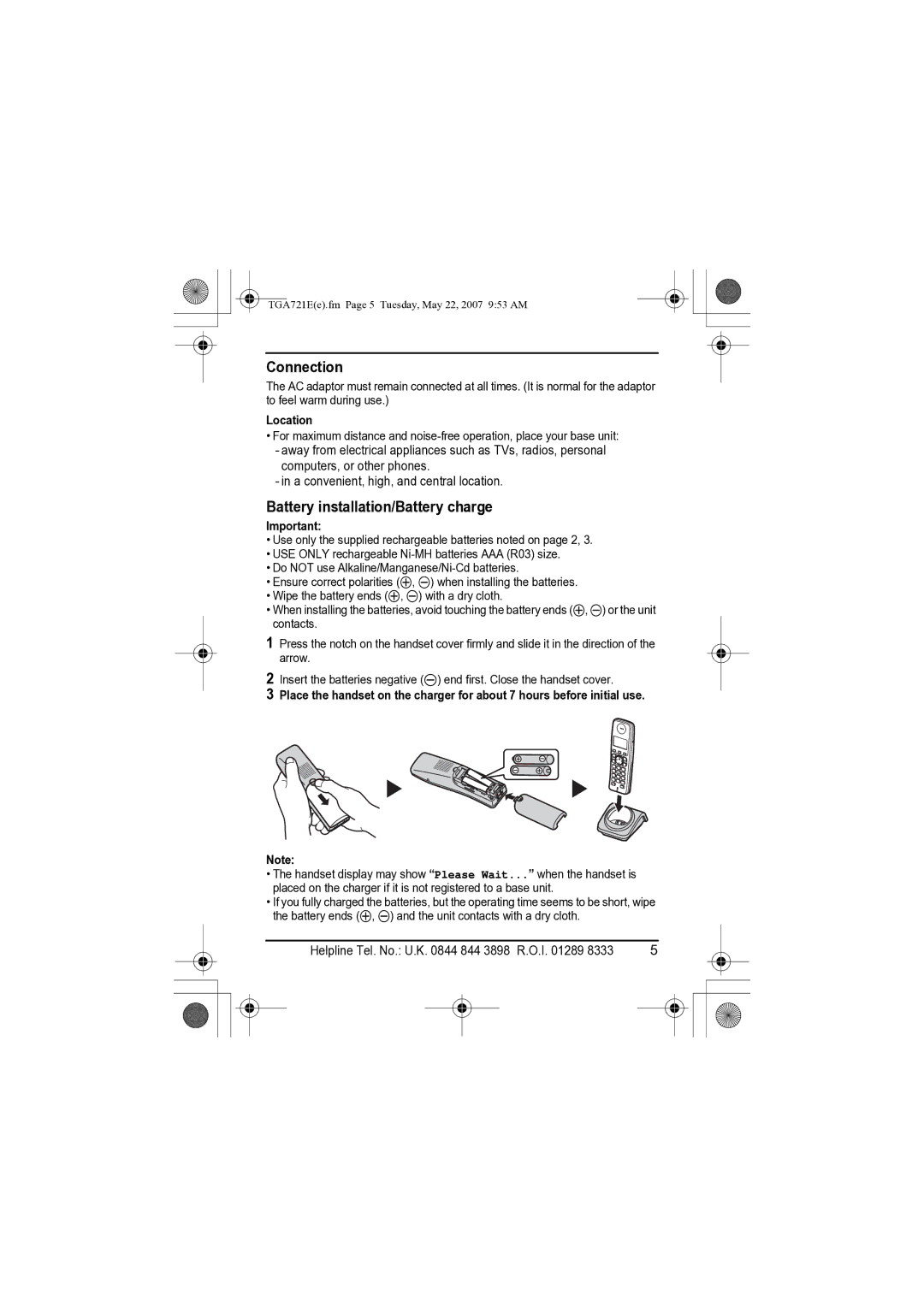 Panasonic KX-TGA721E installation manual Connection, Battery installation/Battery charge, Location 