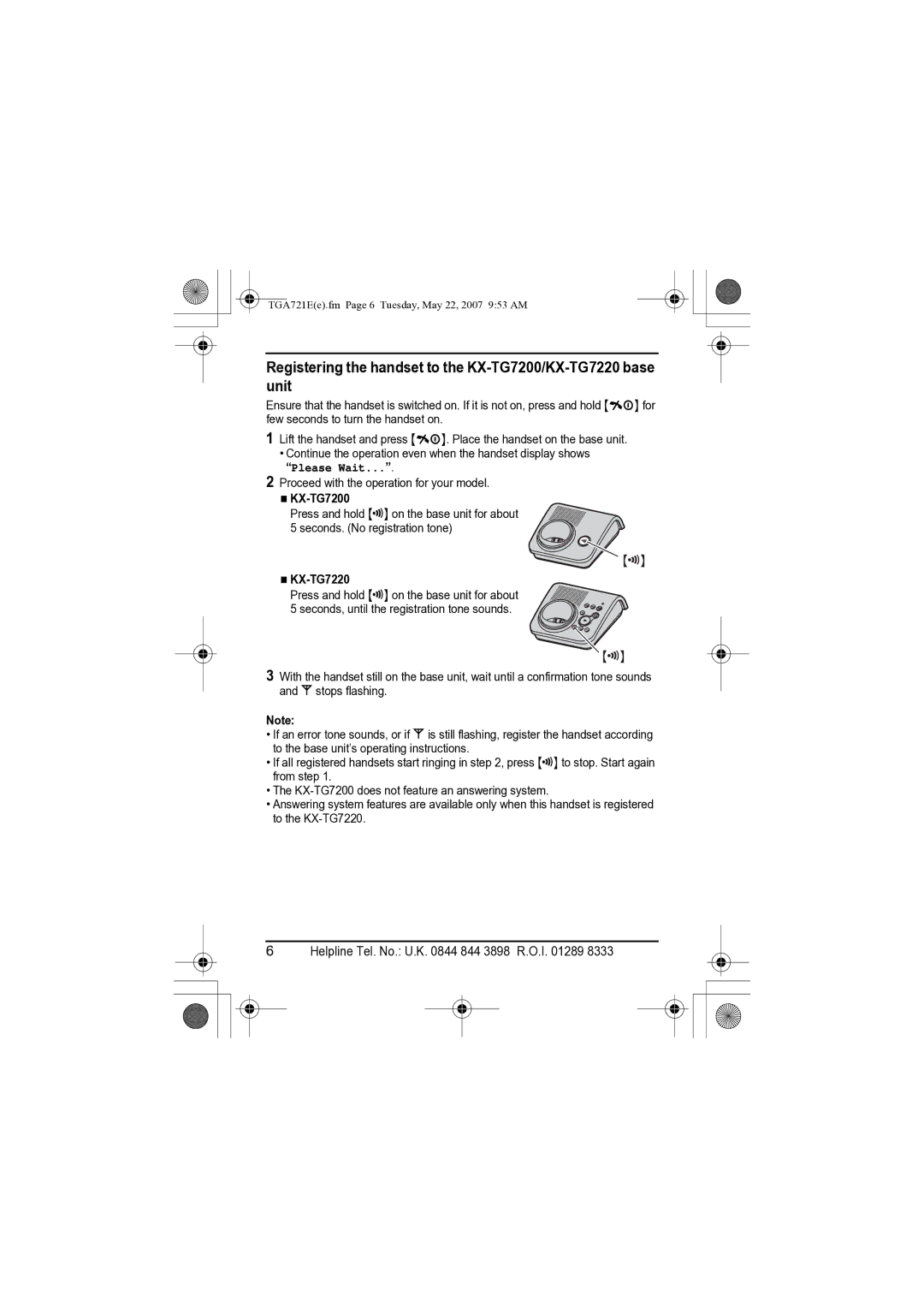 Panasonic KX-TGA721E installation manual KX-TG7200, KX-TG7220 