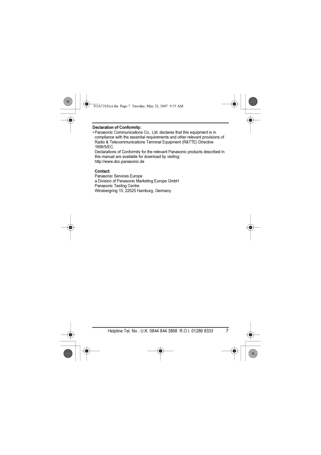 Panasonic KX-TGA721E installation manual Declaration of Conformity Contact 