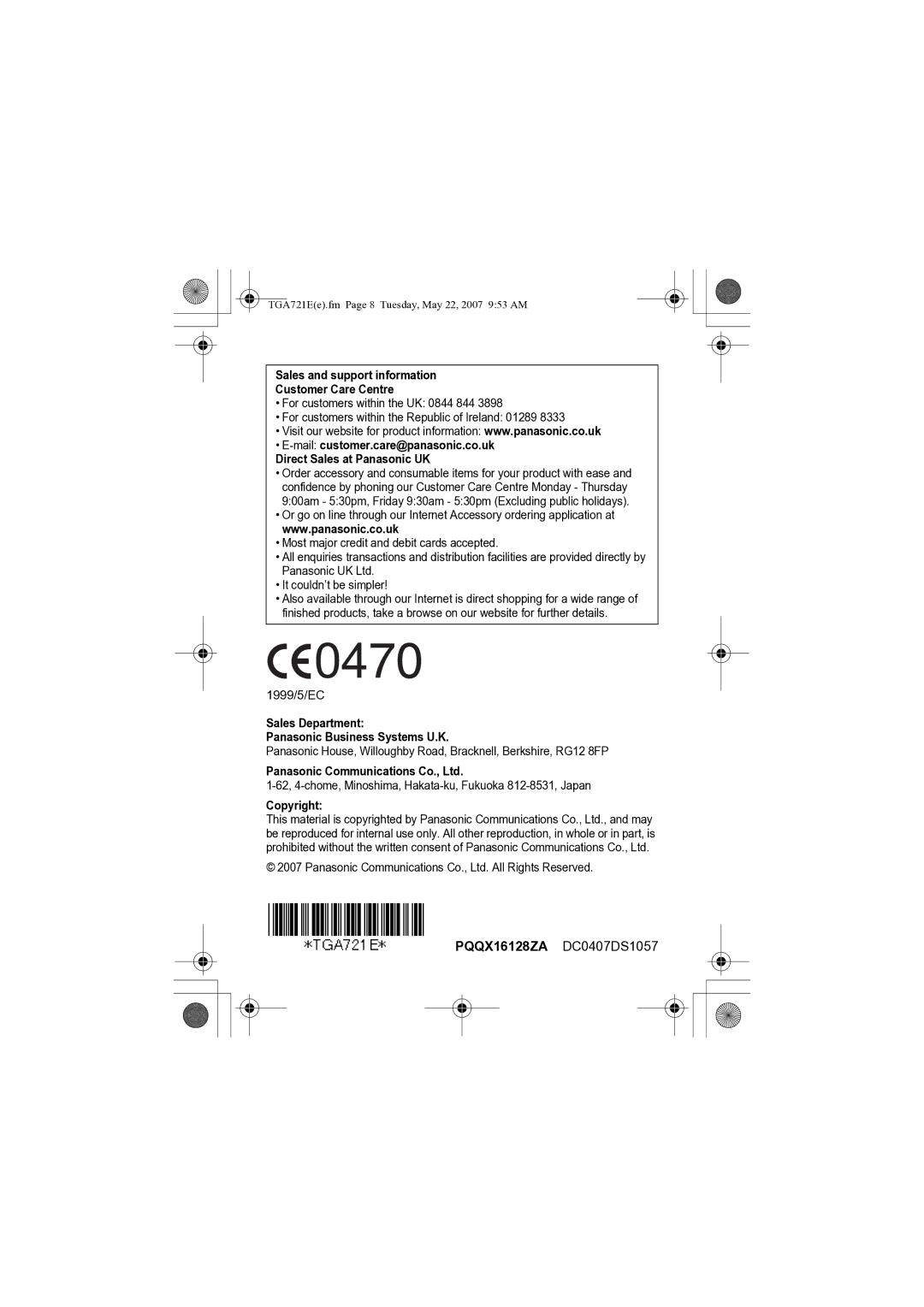 Panasonic KX-TGA721E Sales and support information Customer Care Centre, Sales Department Panasonic Business Systems U.K 