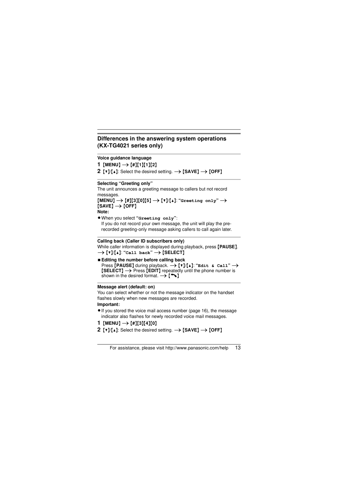 Panasonic KX-TGA750 Voice guidance language, Selecting Greeting only, Calling back Caller ID subscribers only 