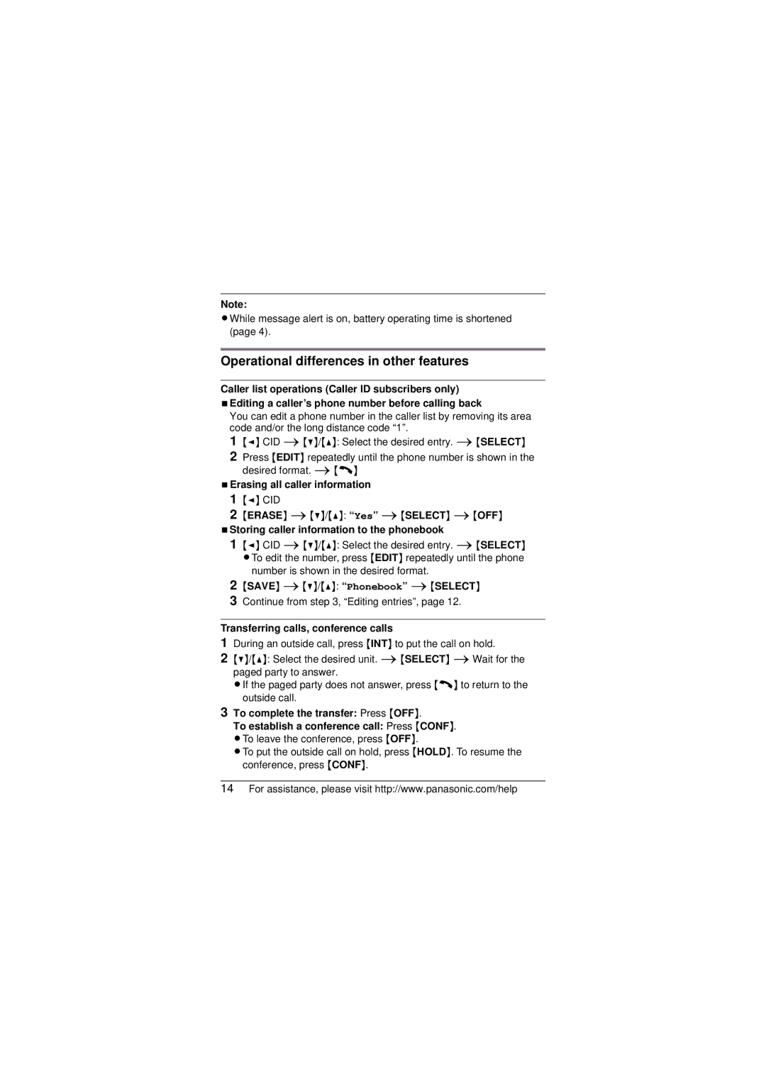 Panasonic KX-TGA750 installation manual Operational differences in other features, NErasing all caller information 