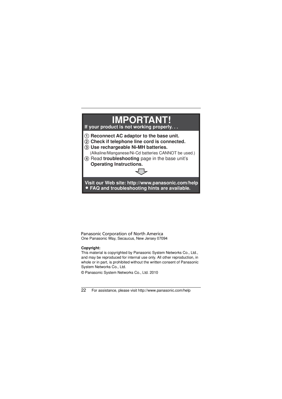 Panasonic KX-TGA750 installation manual Operating Instructions, Copyright 