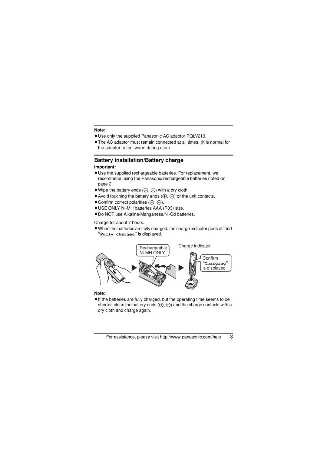 Panasonic KX-TGA750 installation manual Battery installation/Battery charge, Charging 