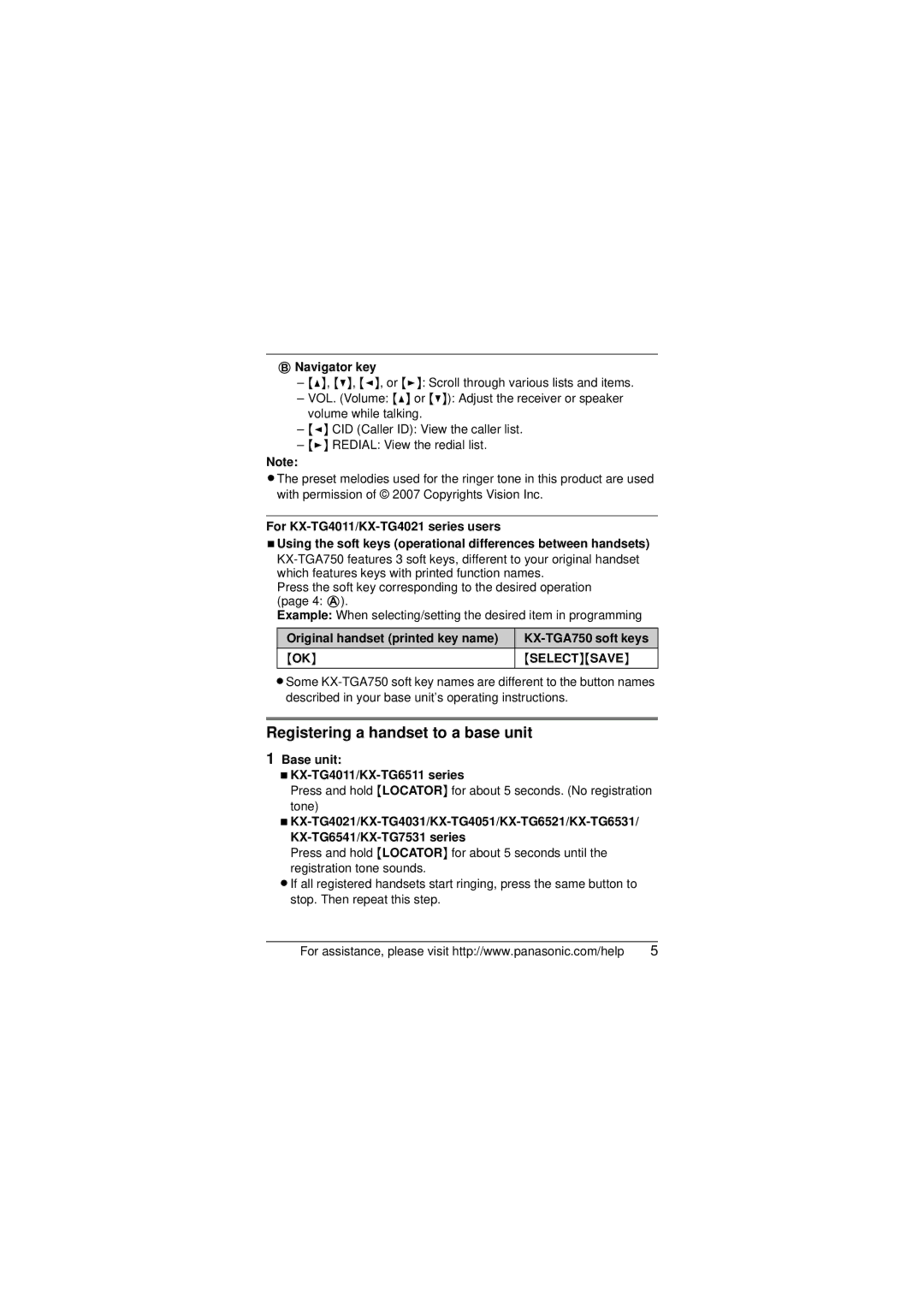 Panasonic installation manual Registering a handset to a base unit, Navigator key, KX-TGA750 soft keys, Select Save 