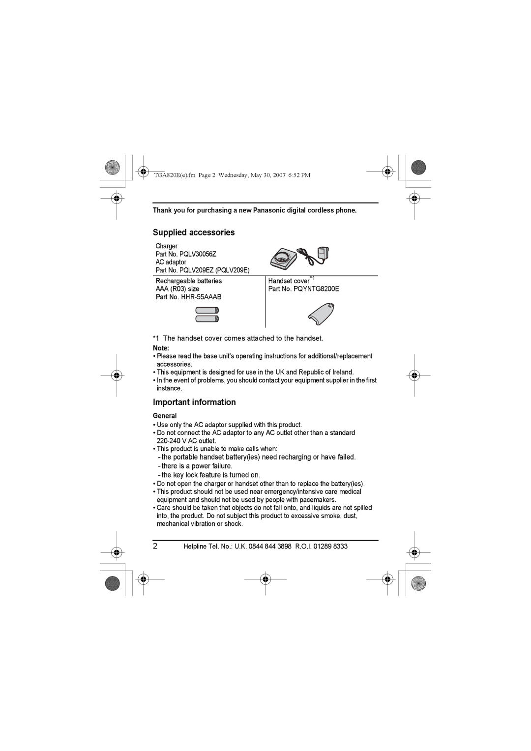 Panasonic KX-TGA820E installation manual Supplied accessories, Important information, General 