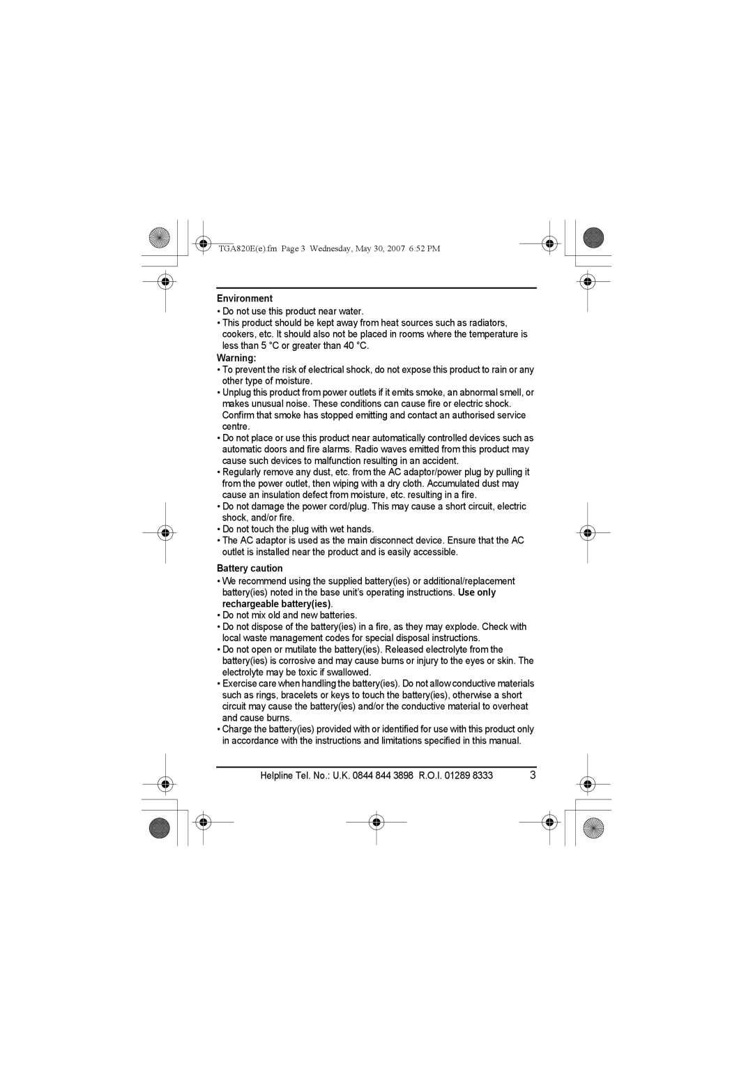 Panasonic KX-TGA820E installation manual Environment, Battery caution 