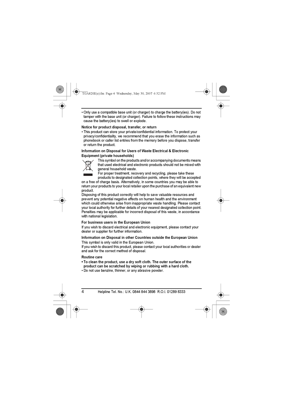 Panasonic KX-TGA820E installation manual For business users in the European Union, Routine care 