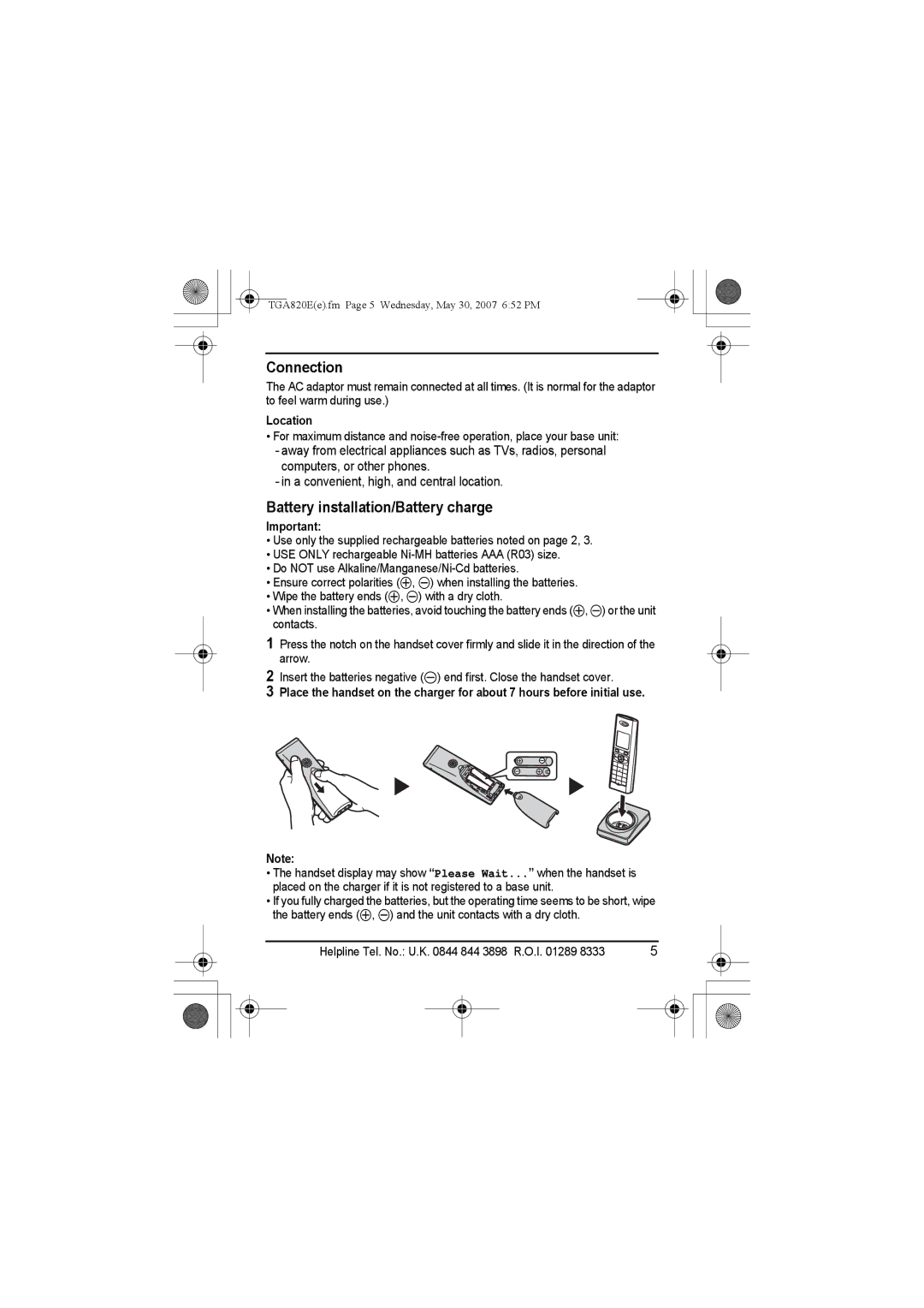 Panasonic KX-TGA820E installation manual Connection, Battery installation/Battery charge, Location 