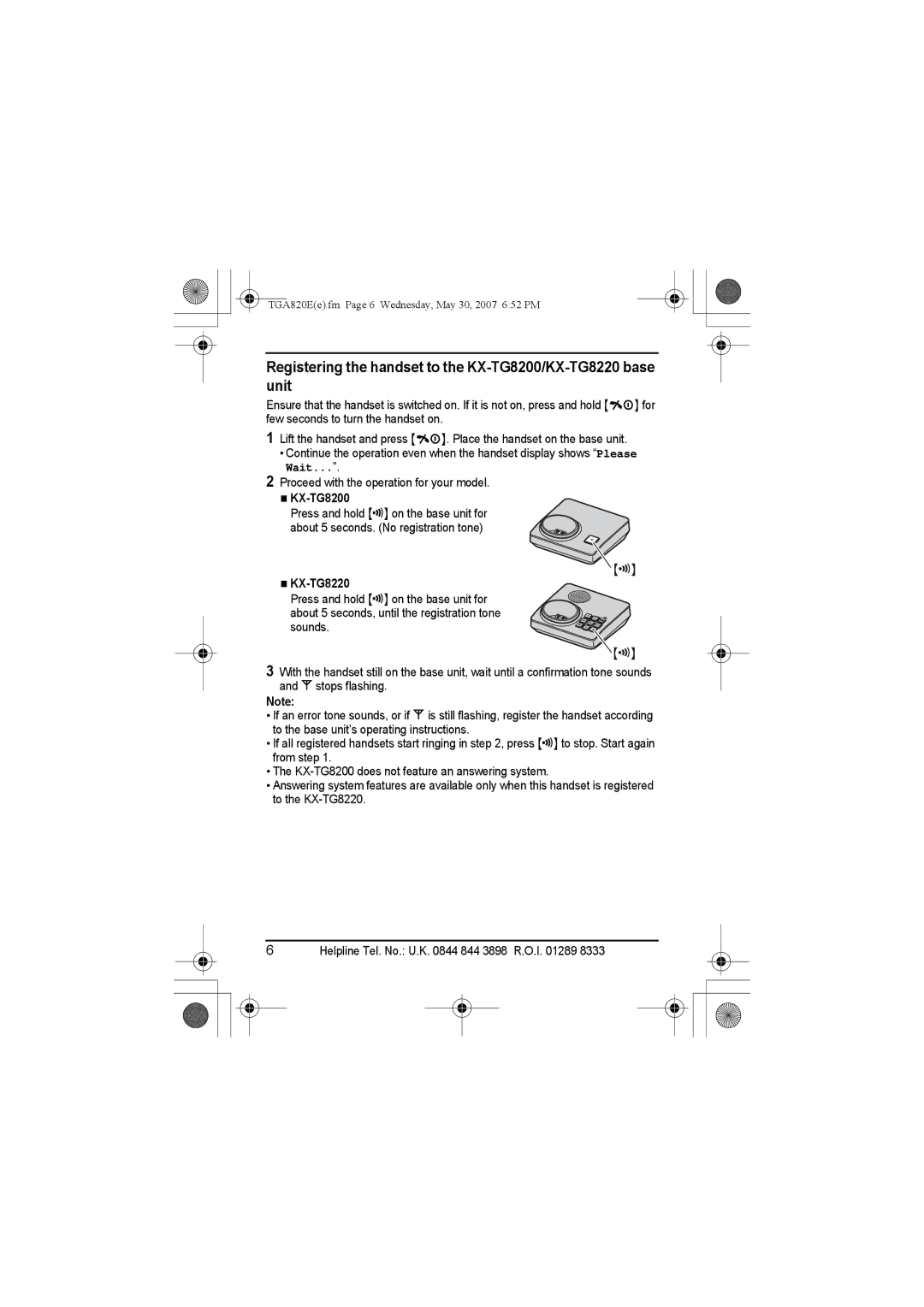 Panasonic KX-TGA820E installation manual KX-TG8200, KX-TG8220 