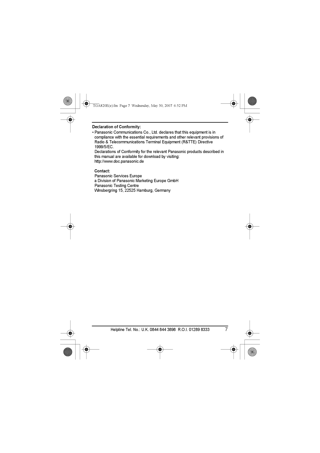 Panasonic KX-TGA820E installation manual Declaration of Conformity Contact 