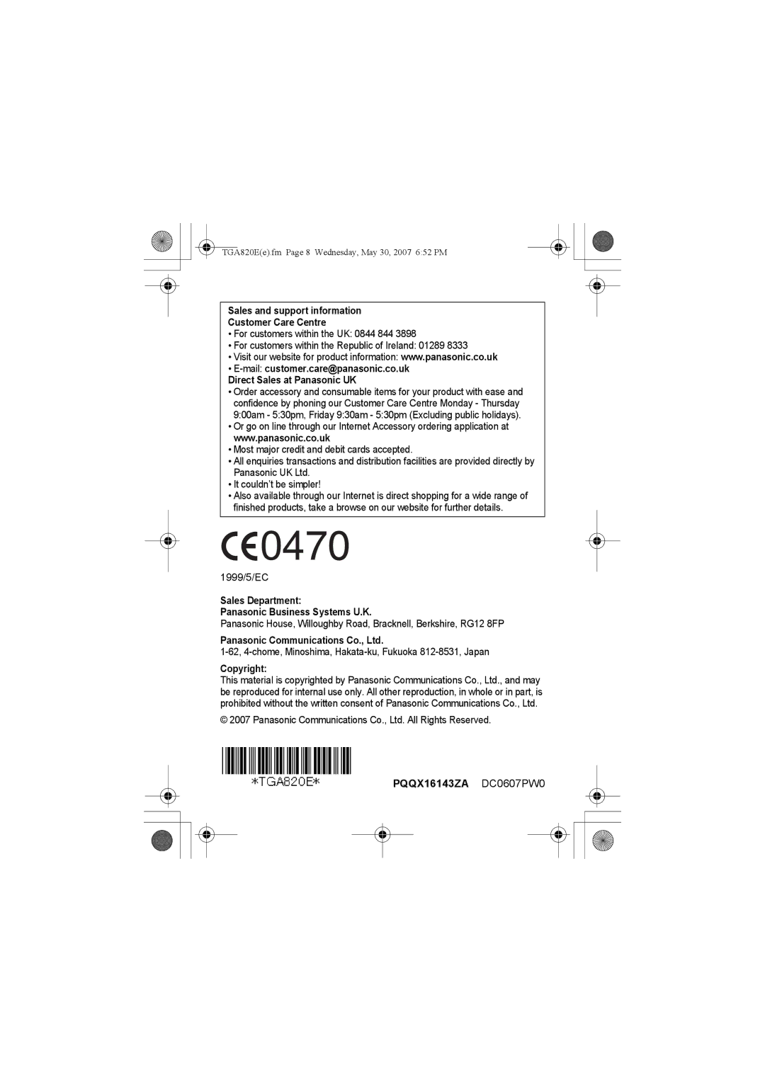 Panasonic KX-TGA820E Sales and support information Customer Care Centre, Sales Department Panasonic Business Systems U.K 