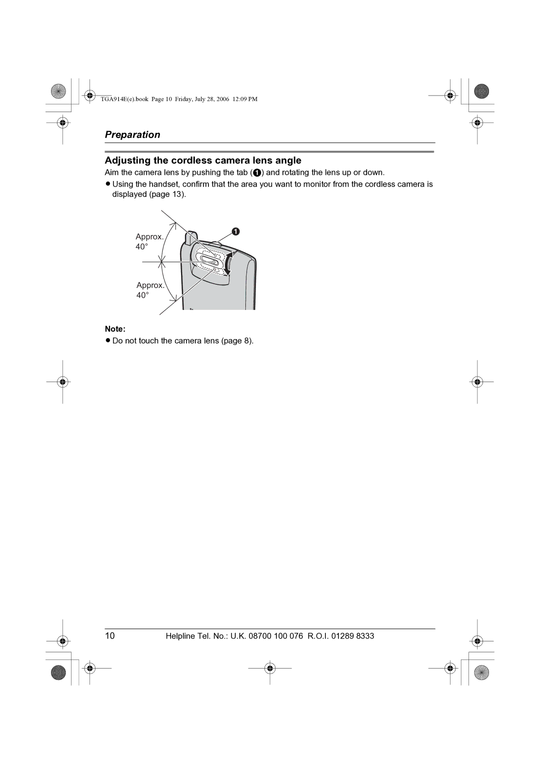 Panasonic KX-TGA914E operating instructions Adjusting the cordless camera lens angle 