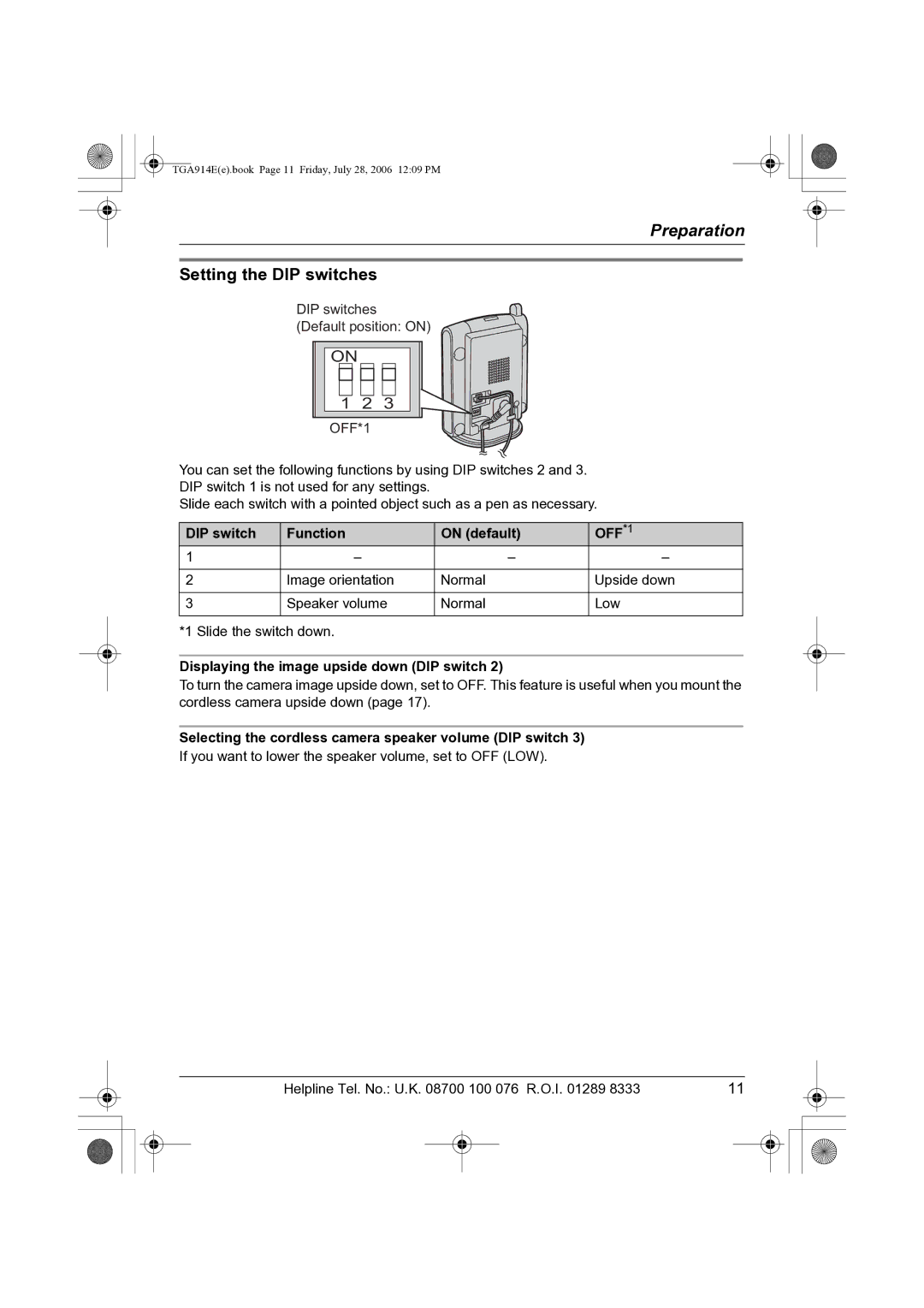 Panasonic KX-TGA914E operating instructions Setting the DIP switches, DIP switch Function On default OFF *1 