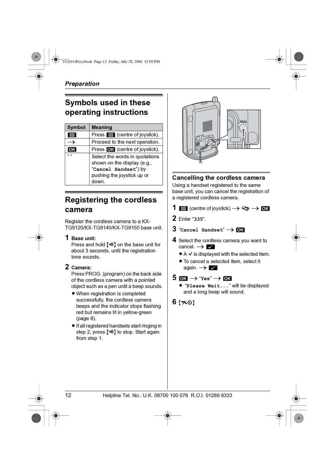 Panasonic KX-TGA914E Registering the cordless camera, Cancelling the cordless camera, Symbol Meaning, Base unit, Camera 