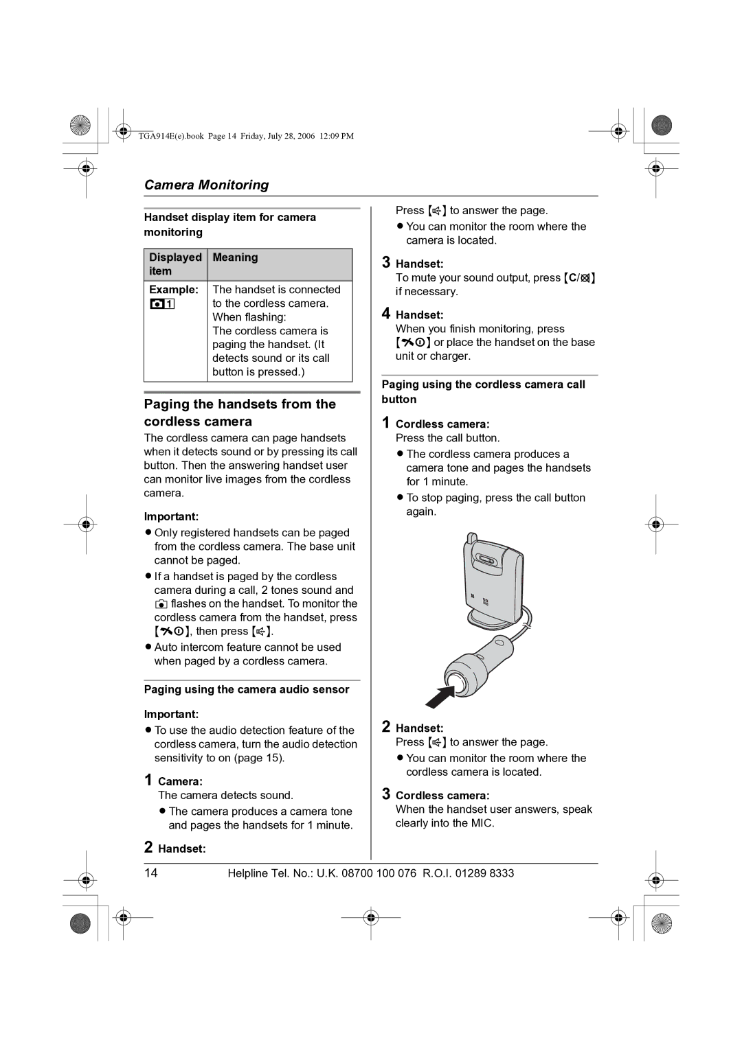 Panasonic KX-TGA914E Paging the handsets from the cordless camera, Paging using the camera audio sensor, Cordless camera 