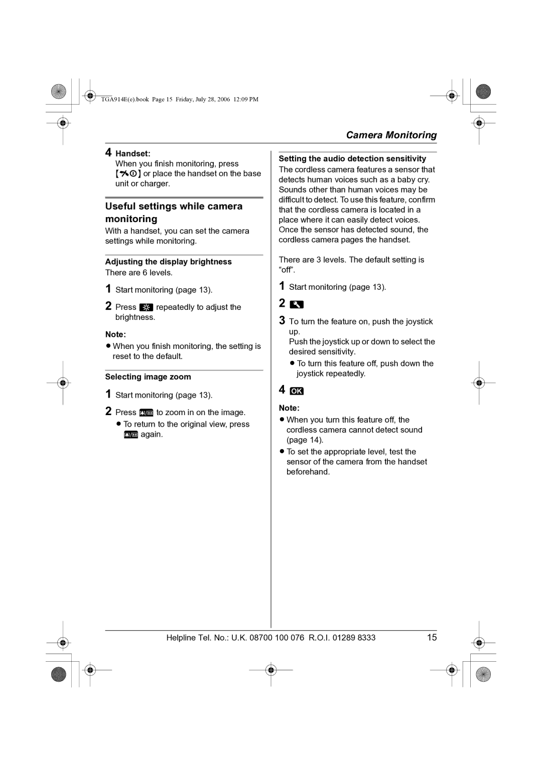 Panasonic KX-TGA914E Useful settings while camera monitoring, Adjusting the display brightness, Selecting image zoom 