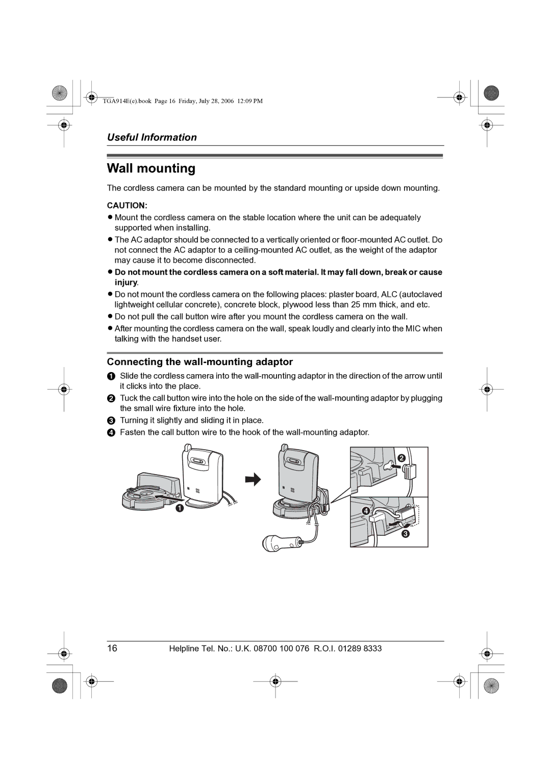 Panasonic KX-TGA914E operating instructions Wall mounting, Connecting the wall-mounting adaptor 