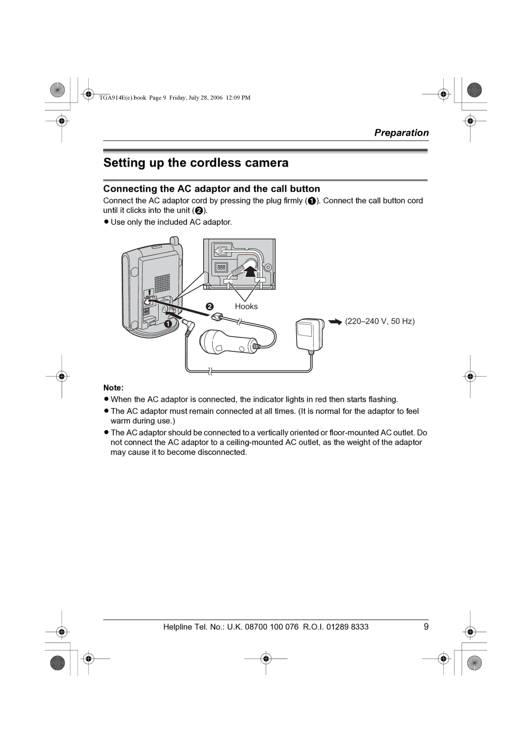 Panasonic KX-TGA914E Setting up the cordless camera, Connecting the AC adaptor and the call button, Hooks 