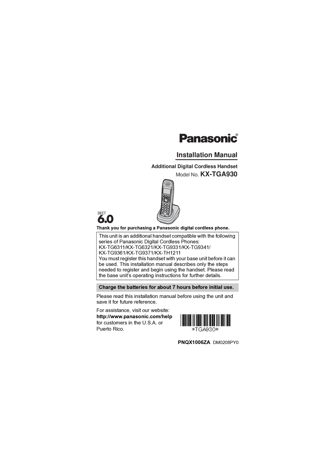 Panasonic KX-TGA930T installation manual Installation Manual, Thank you for purchasing a Panasonic digital cordless phone 