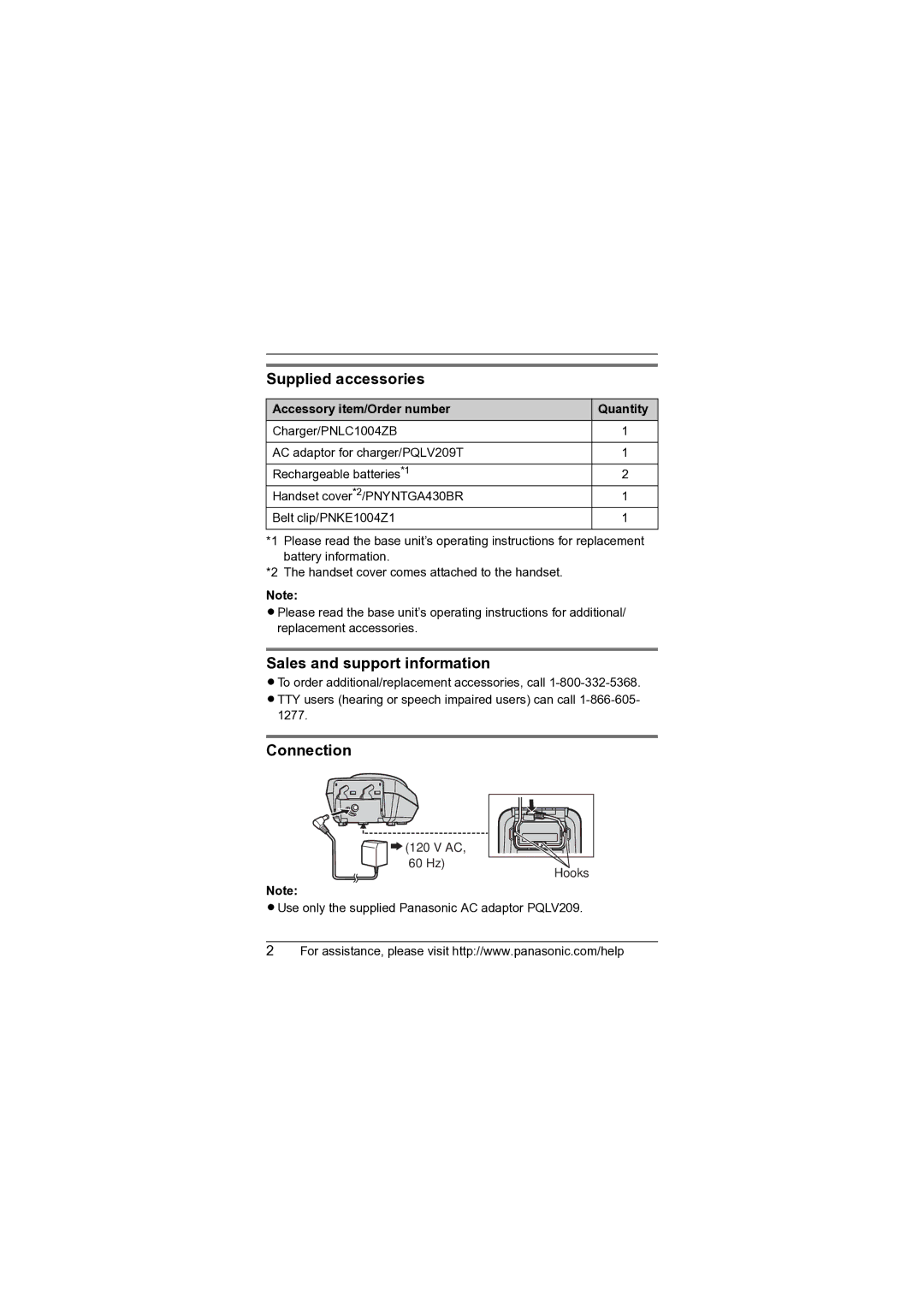 Panasonic KX-TGA930 Supplied accessories, Sales and support information, Connection, Accessory item/Order number Quantity 