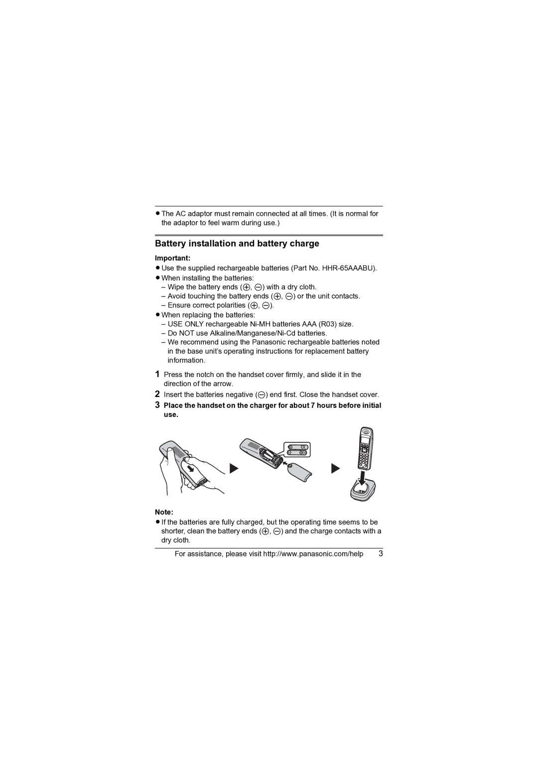 Panasonic KX-TGA930T installation manual Battery installation and battery charge 