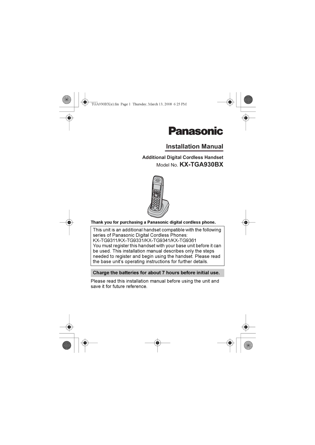 Panasonic installation manual Model No. KX-TGA930BX, Thank you for purchasing a Panasonic digital cordless phone 