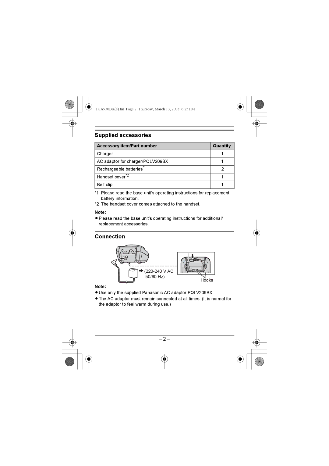 Panasonic KX-TGA930BX installation manual Supplied accessories, Connection, Accessory item/Part number Quantity 