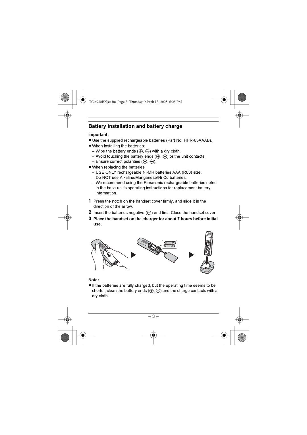 Panasonic KX-TGA930BX installation manual Battery installation and battery charge 