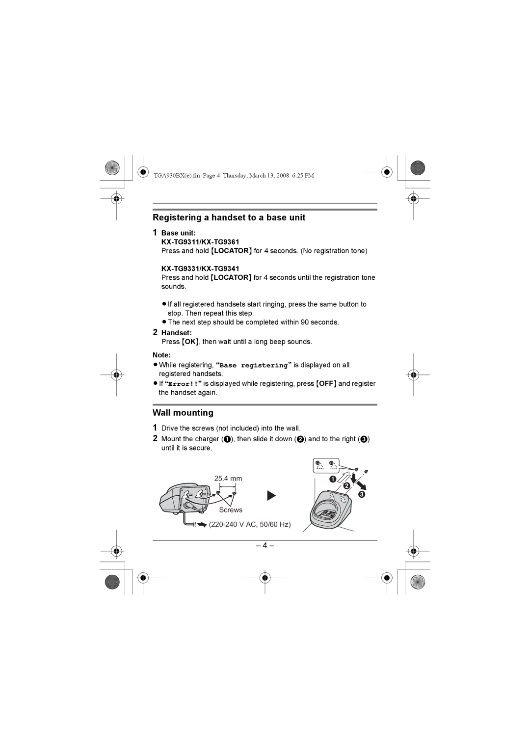 Panasonic KX-TGA930BX Registering a handset to a base unit, Wall mounting, Base unit KX-TG9311/KX-TG9361, Handset 