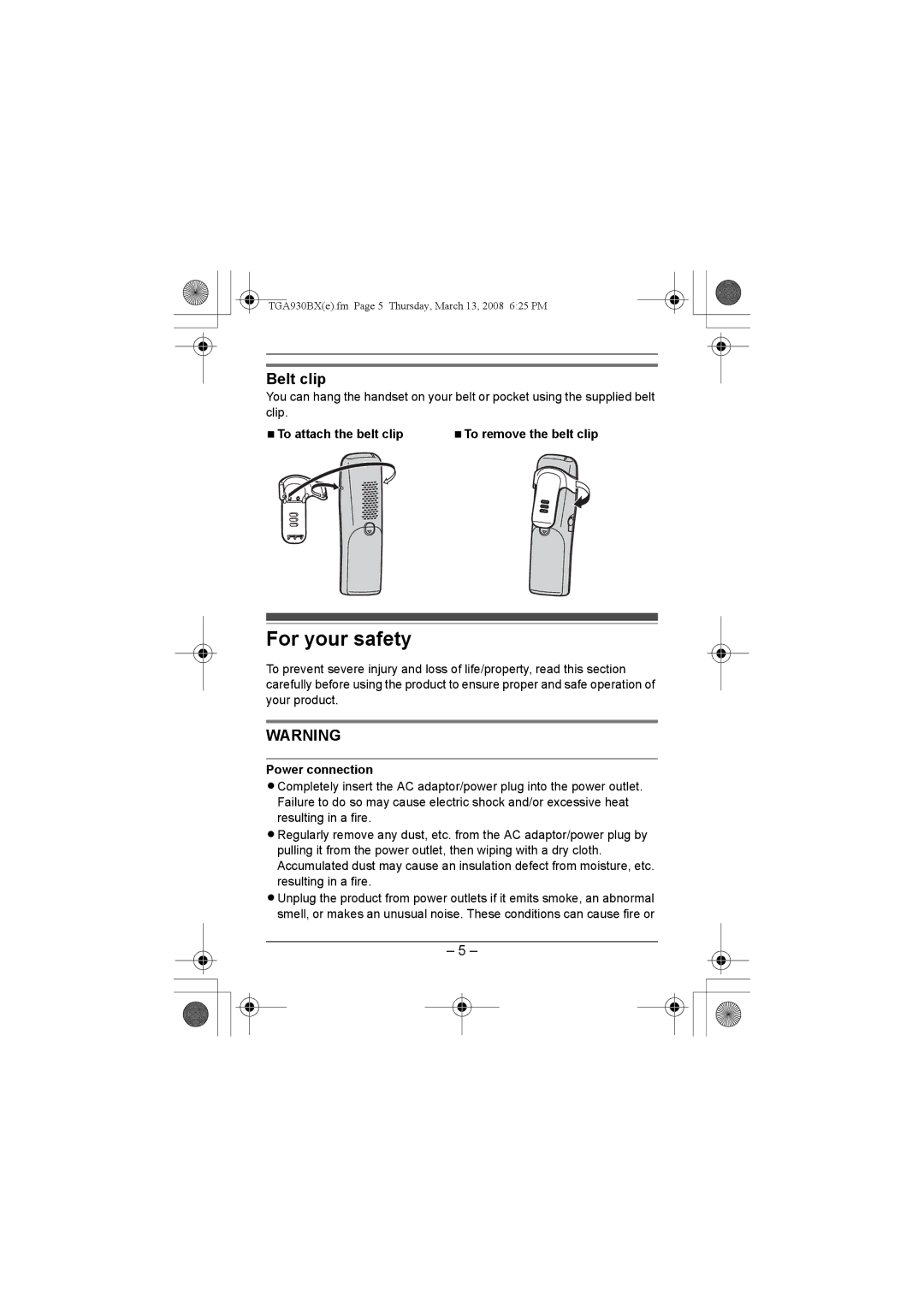 Panasonic KX-TGA930BX installation manual For your safety, Belt clip, NTo attach the belt clip, Power connection 