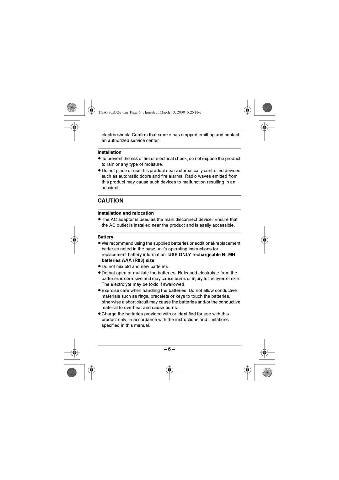 Panasonic KX-TGA930BX installation manual Installation and relocation, Battery 