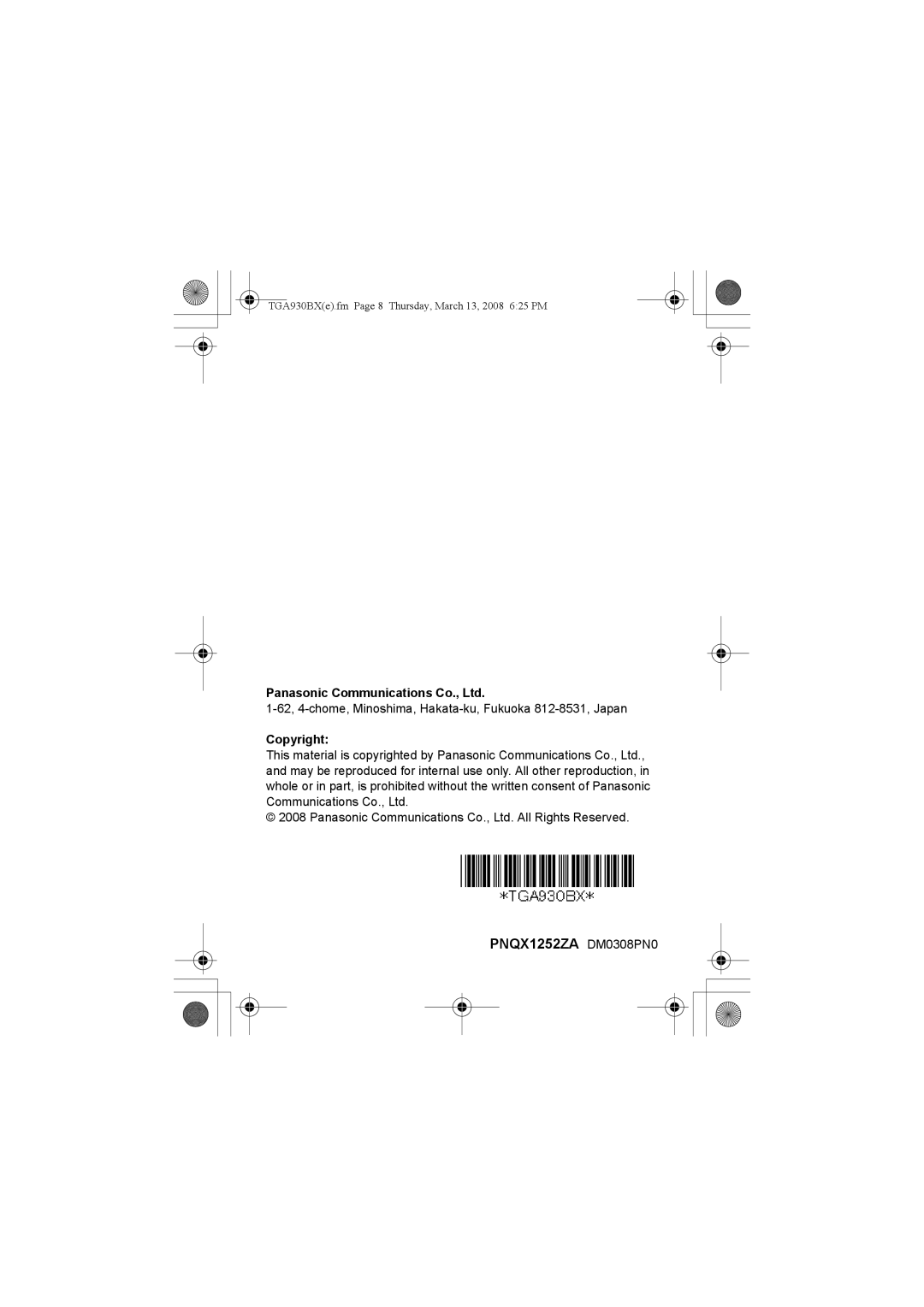 Panasonic KX-TGA930BX installation manual Copyright 