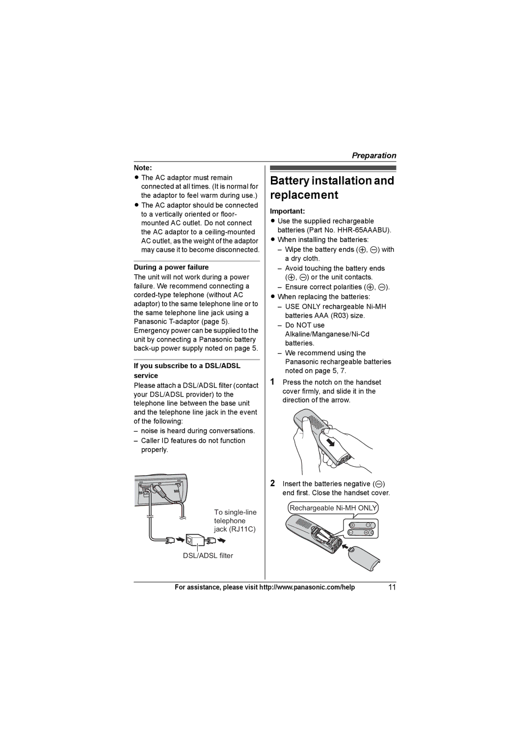 Panasonic KXTG4321 Battery installation and replacement, During a power failure, If you subscribe to a DSL/ADSL service 