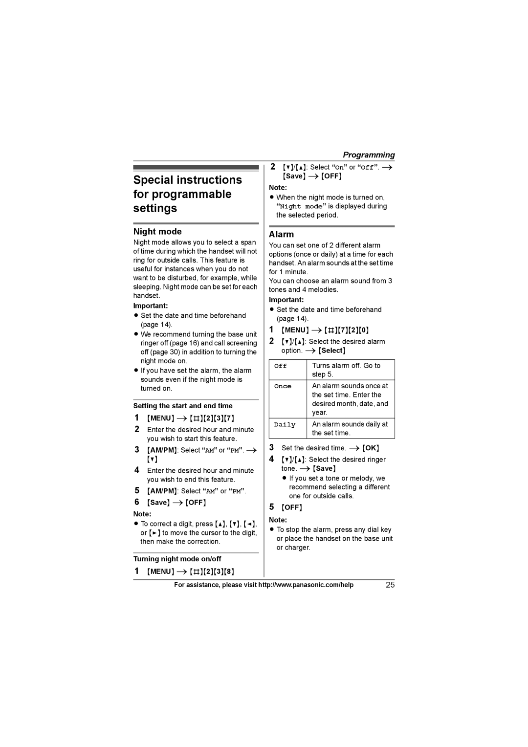 Panasonic KXTG4321 Special instructions For programmable, Settings, Night mode Alarm, Setting the start and end time 