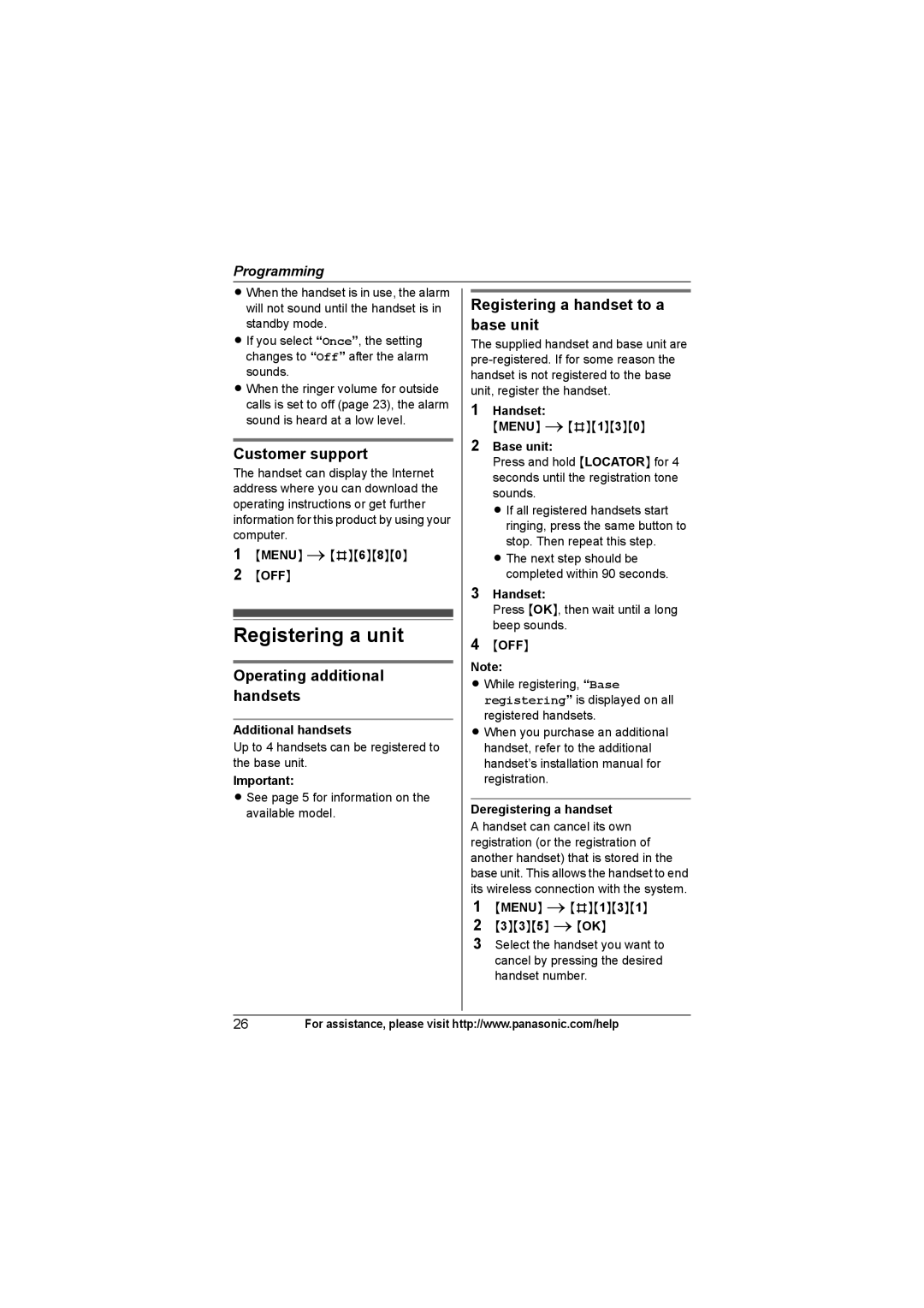 Panasonic KX-TGA931T, KXTG4321 operating instructions Registering a unit, Customer support, Operating additional handsets 