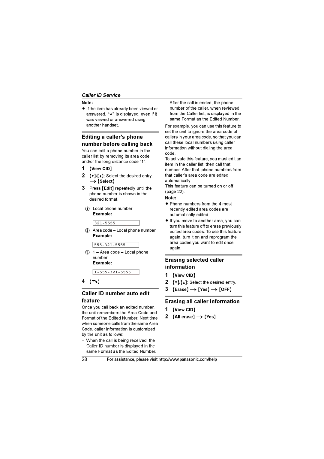 Panasonic KX-TGA931T, KXTG4321 Editing a caller’s phone number before calling back, Caller ID number auto edit feature 