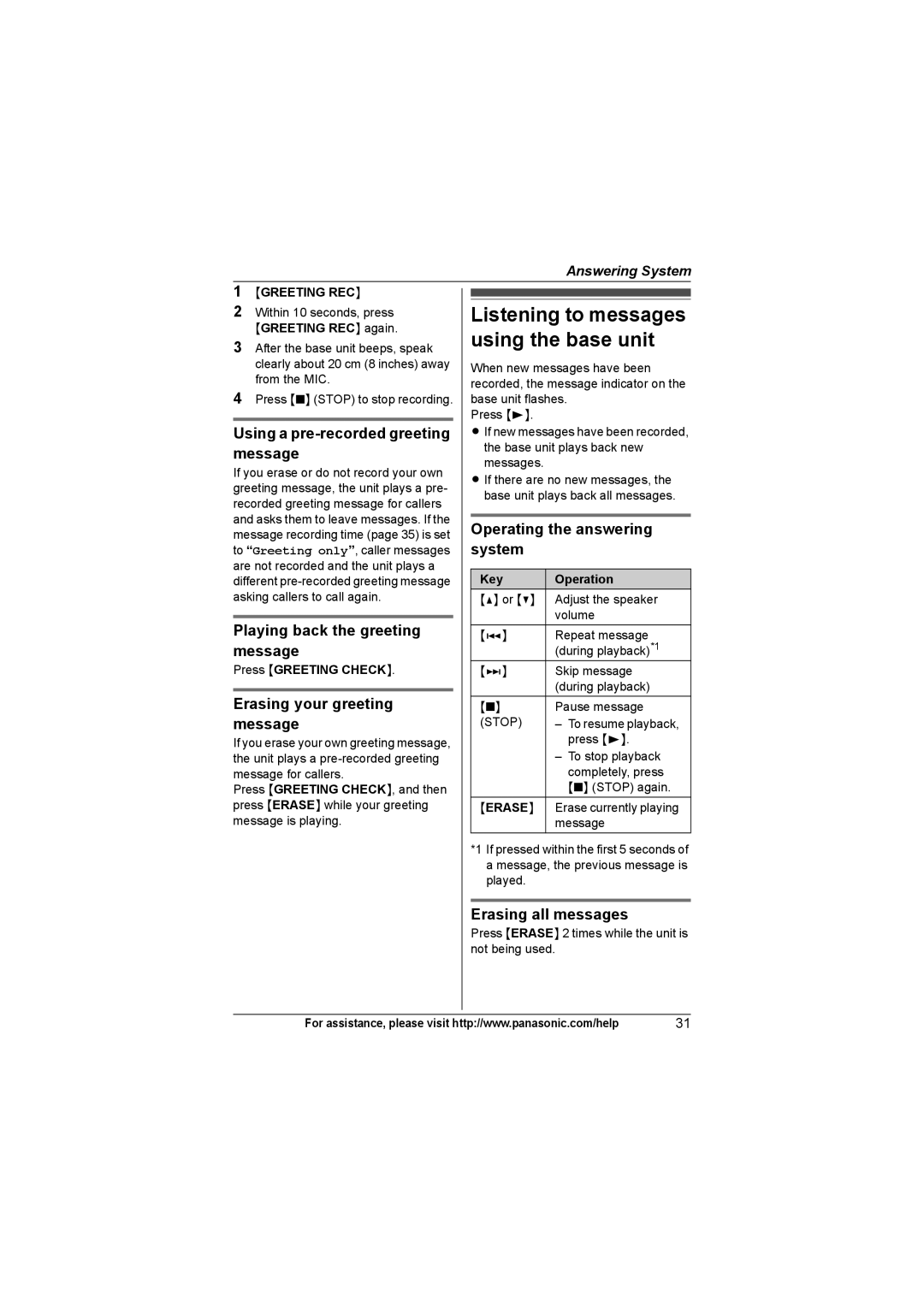 Panasonic KXTG4321, KX-TGA931T operating instructions Listening to messages using the base unit 