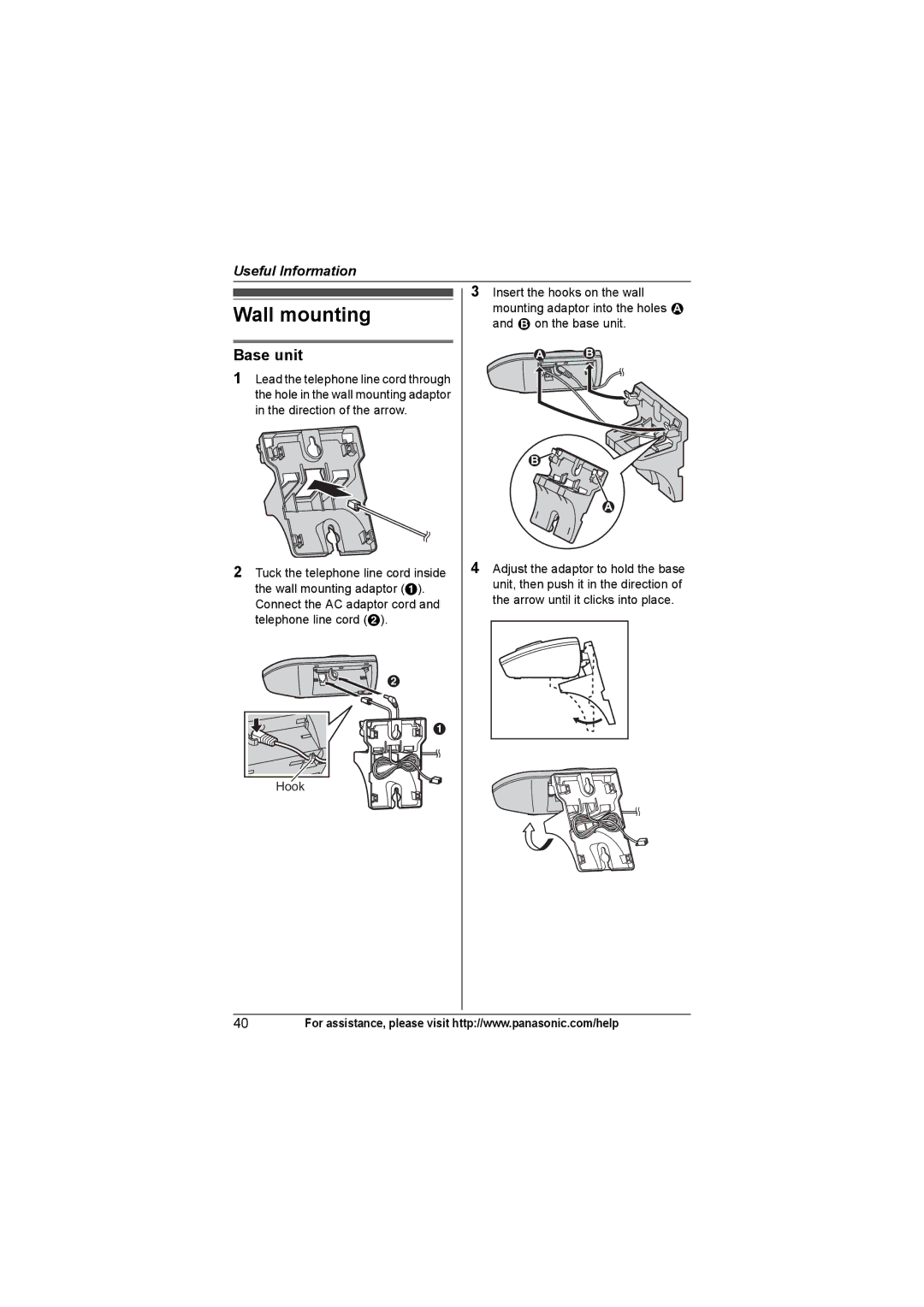 Panasonic KX-TGA931T, KXTG4321 operating instructions Wall mounting, Base unit 