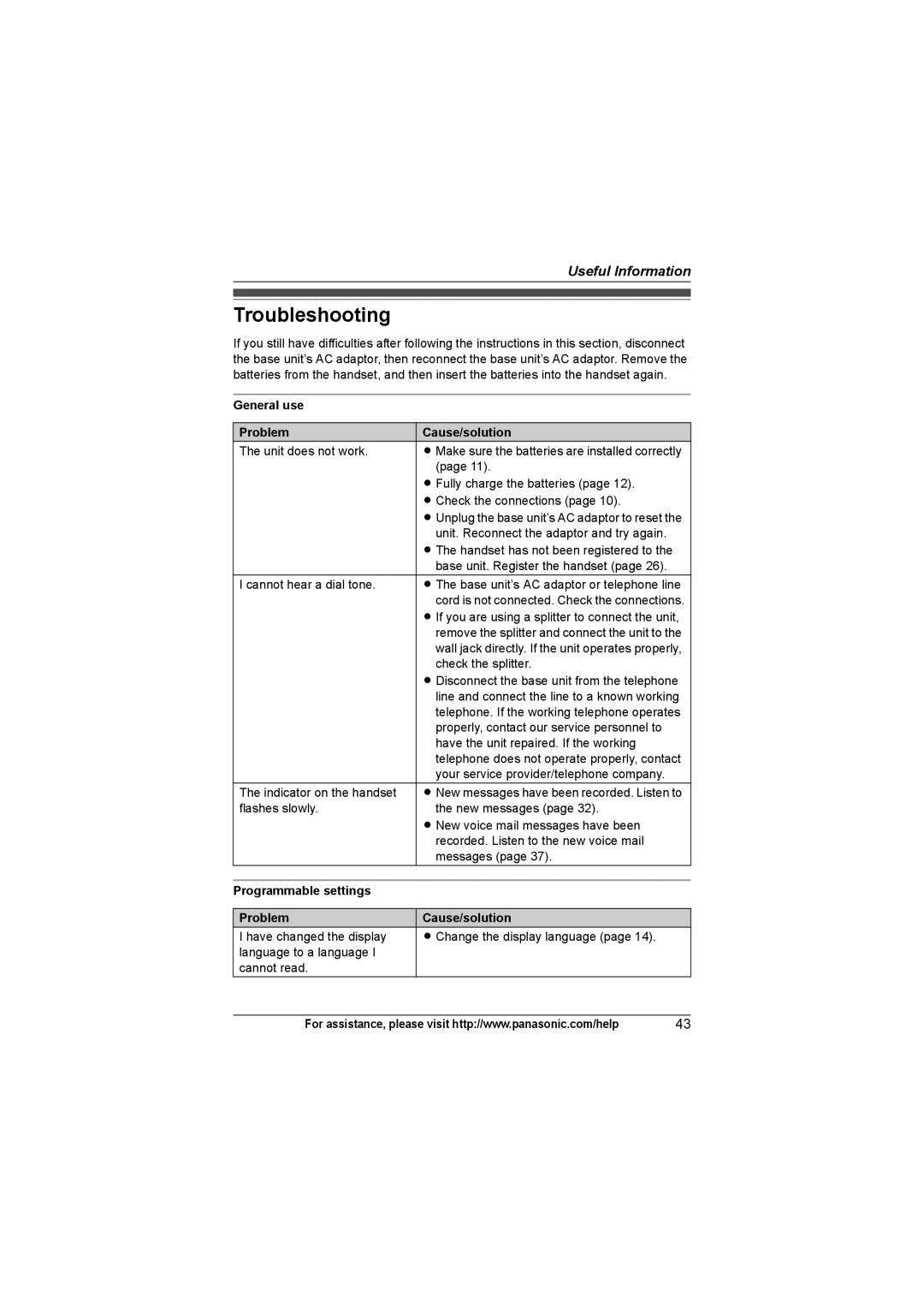 Panasonic KXTG4321 Troubleshooting, General use Problem Cause/solution, Programmable settings Problem Cause/solution 