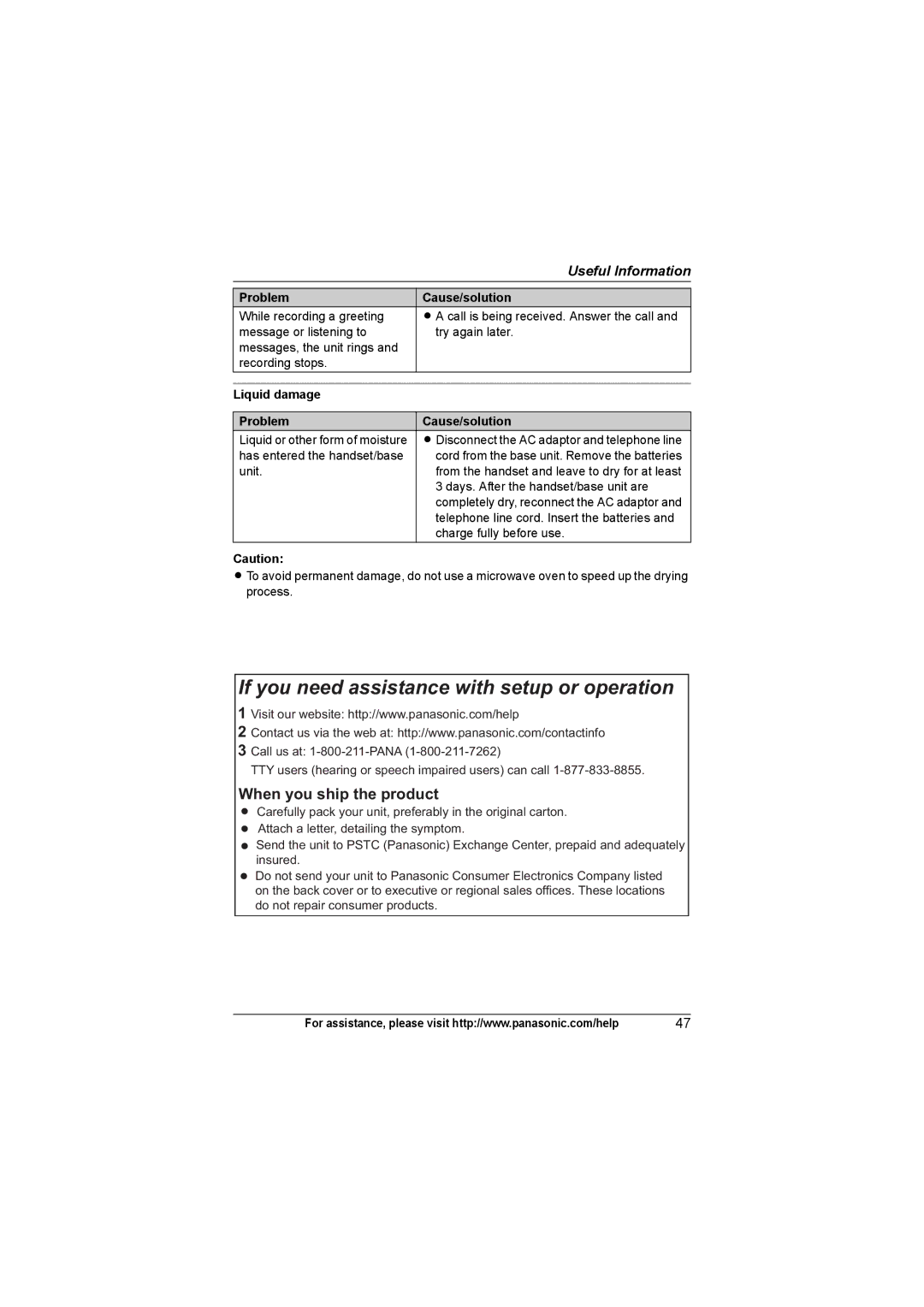 Panasonic KXTG4321, KX-TGA931T operating instructions When you ship the product, Liquid damage Problem Cause/solution 