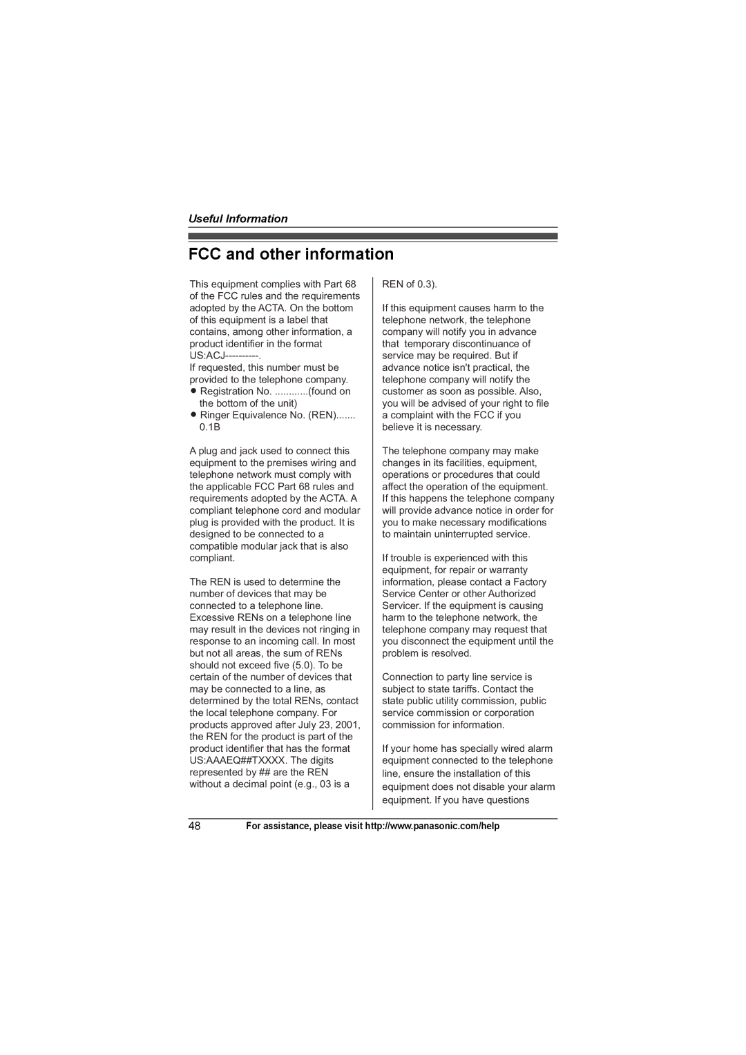 Panasonic KX-TGA931T, KXTG4321 operating instructions FCC and other information 