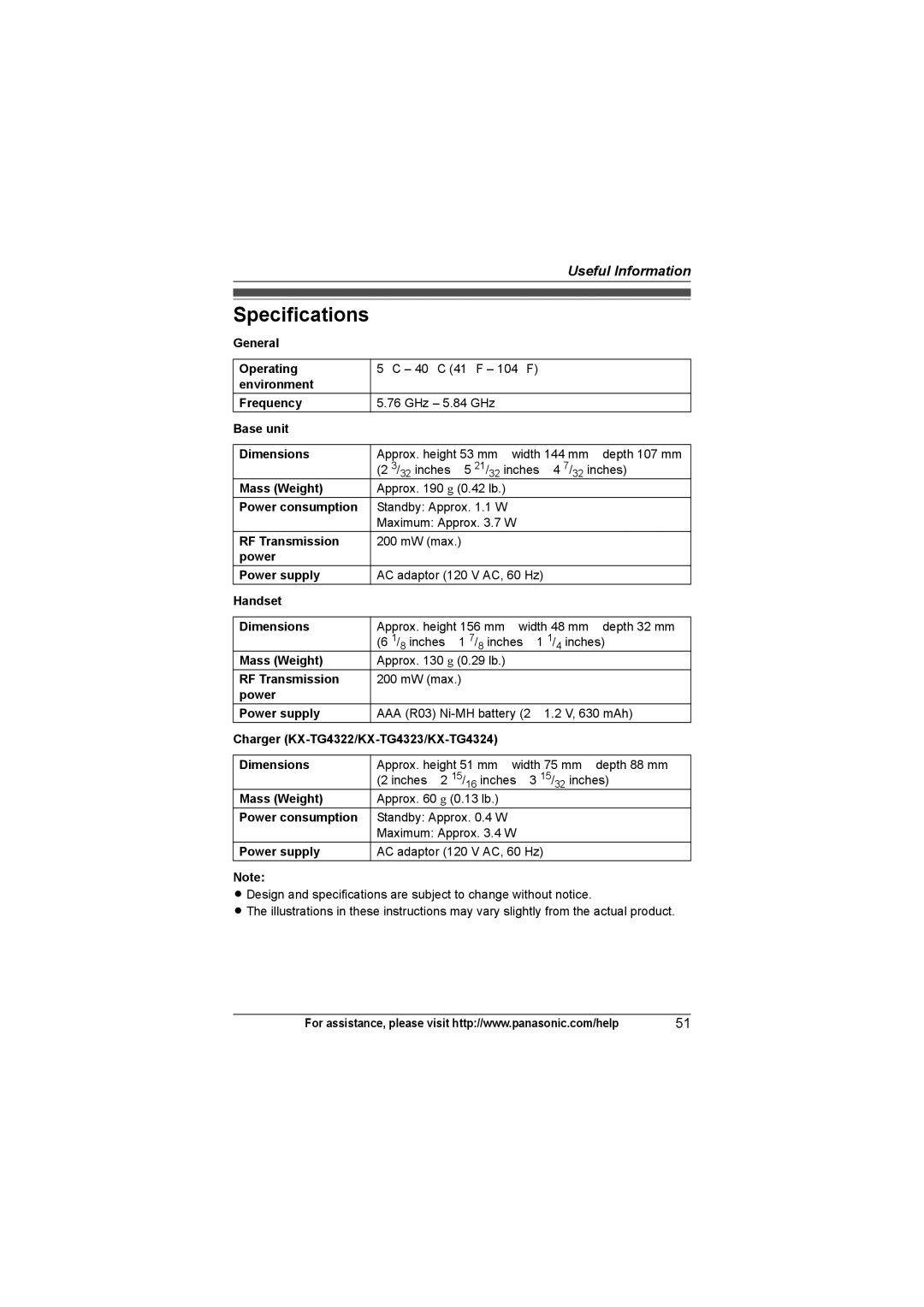 Panasonic KXTG4321, KX-TGA931T operating instructions Specifications 