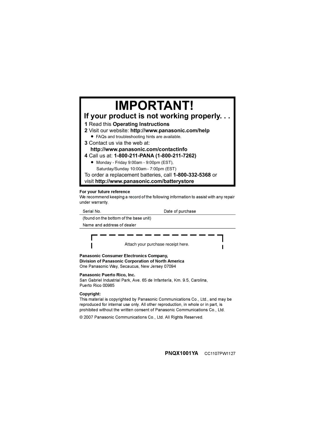 Panasonic KX-TGA931T Read this Operating Instructions, Call us at 1-800-211-PANA, For your future reference, Copyright 