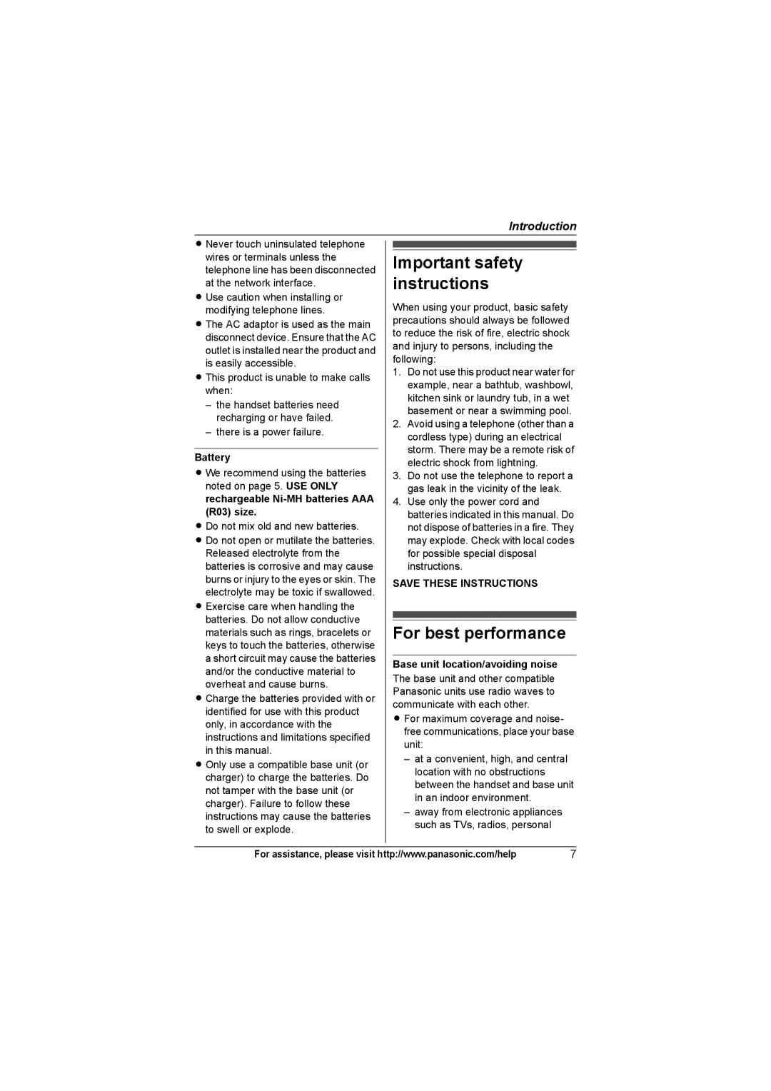 Panasonic KXTG4321 Important safety instructions, For best performance, Battery, Base unit location/avoiding noise 