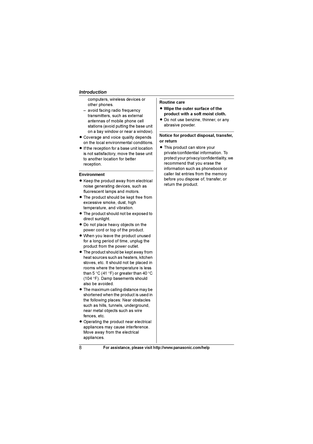 Panasonic KX-TGA931T, KXTG4321 operating instructions Environment, Routine care 